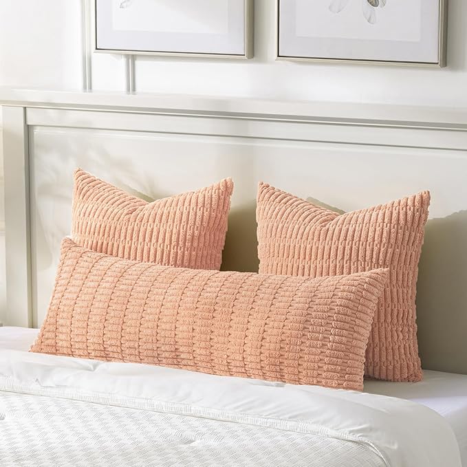 Fancy Homi Peach Long Body Lumbar Lumbar Decorative Throw Pillow Covers 20x54 Inch for Bed Couch Bedroom Bench, Soft Corduroy Rectangle Solid Pillow Case, Rustic Farmhouse Boho Room Decor