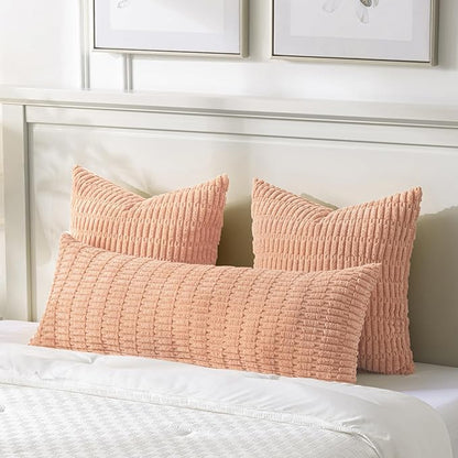 Fancy Homi Peach Long Body Lumbar Lumbar Decorative Throw Pillow Covers 20x54 Inch for Bed Couch Bedroom Bench, Soft Corduroy Rectangle Solid Pillow Case, Rustic Farmhouse Boho Room Decor