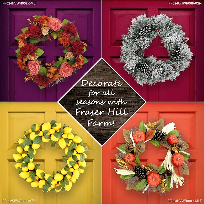 Fraser Hill Farm 30" Christmas Snow Flocked Teardrop Door Swag with Pinecones, FF030CHTD001-0SN
