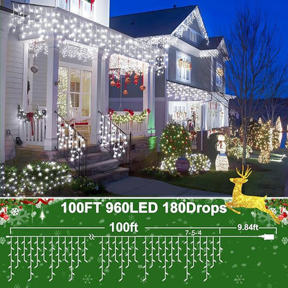 SAUIRS 100FT 960 LED Christmas Lights Outdoor Decorations with 180 Drops Timer 8Mode Curtaing String Lights Waterproof Fairy Lights for Indoor,Xmas,Party,Patio,Window,Fence,Trees Decor(Cold White)
