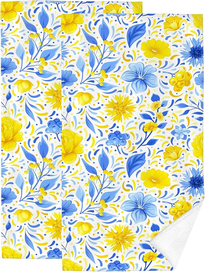 Blue Yellow Floral Decorative Towels for Bathroom Absorbent Watercolor Flower Bath Hand Towels for Bathroom Spa Gym Yoga Farmhouse Spring Summer Home Decor Housewarming Gifts Set of 2