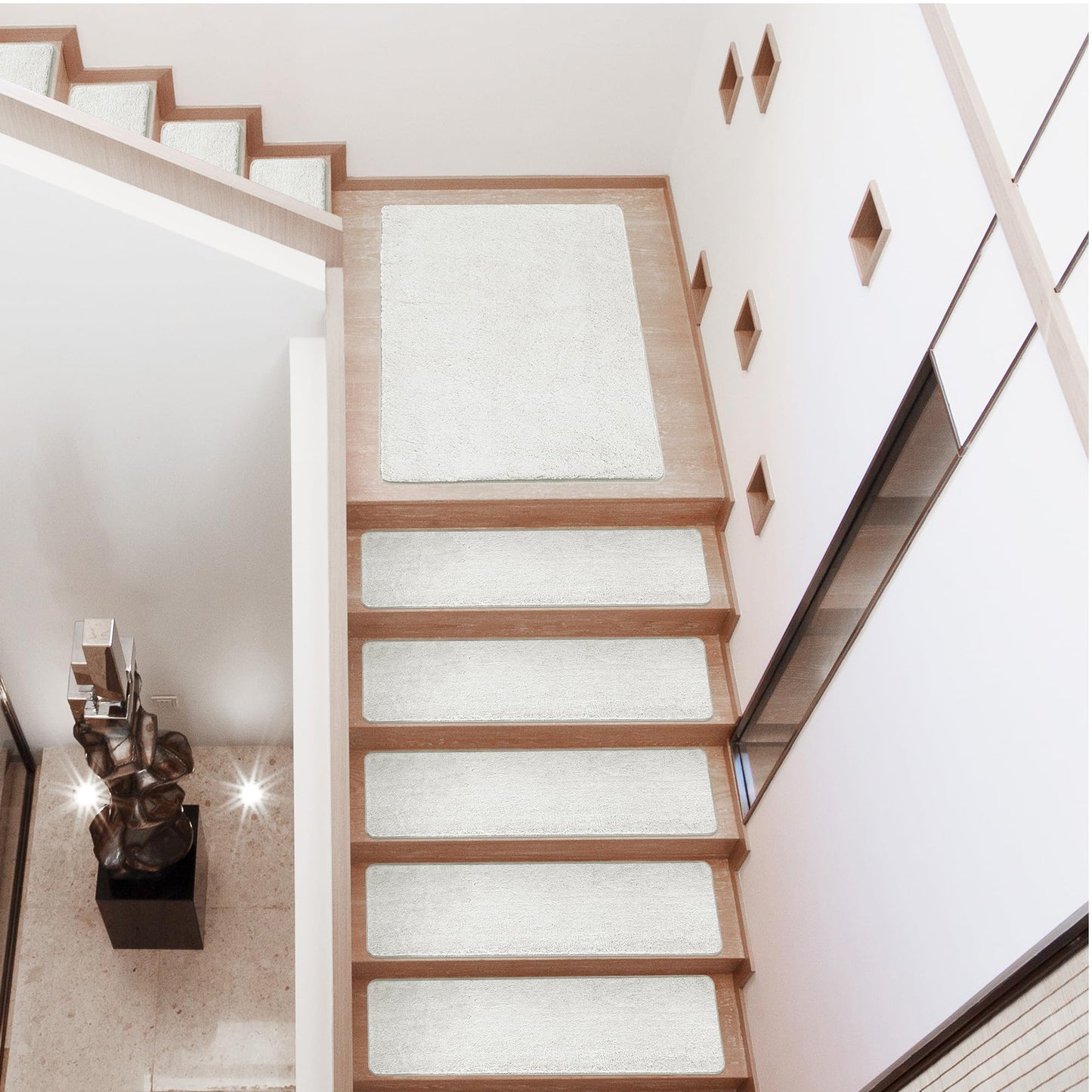 PURE ERA Carpet Stair Treads Ultra Plush 8" X 30" Soft Indoor Stair Protectors Pet-Friendly Non-Slip Skid Resistant Tape Free Washable Reusable(14 Pieces, White)