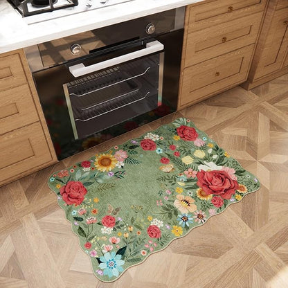 Washable Entryway Small Area Rugs: Door Mat Indoor Entrance 2x3 Floral Rug Ultra Thin Stain Resistant Non Slip Low Pile Lightweight Carpet for Kitchen, Front Door, Small Spaces Decor (Green)