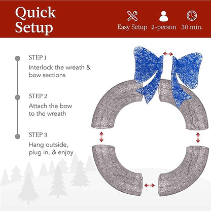 Best Choice Products 36in Pre-Lit Outdoor Christmas Wreath Decoration, LED Metal Holiday Decor for Home w/ 120 Lights, Bow - Hanukkah Silver/Blue