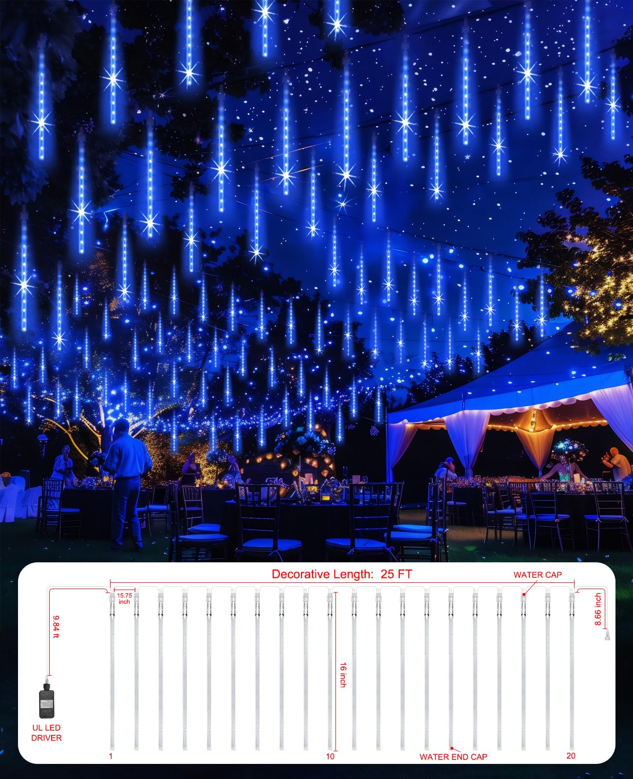 EAGWELL Christmas Lights Outdoor 16 Inch Meteor Shower Rain String Lighting, 20 Tube 960 LEDs Icicle Tree String Decor for Halloween Yard Party Patio Xmas Decoration,Blue