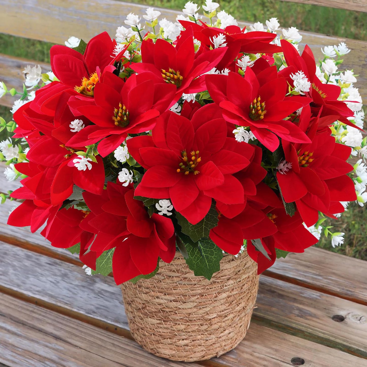 MATBAR Christmas Artificial Flowers for Outdoors Red Poinsettia Flowers Artificial 12 Bundles Mixed UV Resistant Faux Flowers for Outdoor Planters Garden Porch Patio Home Winter Decor