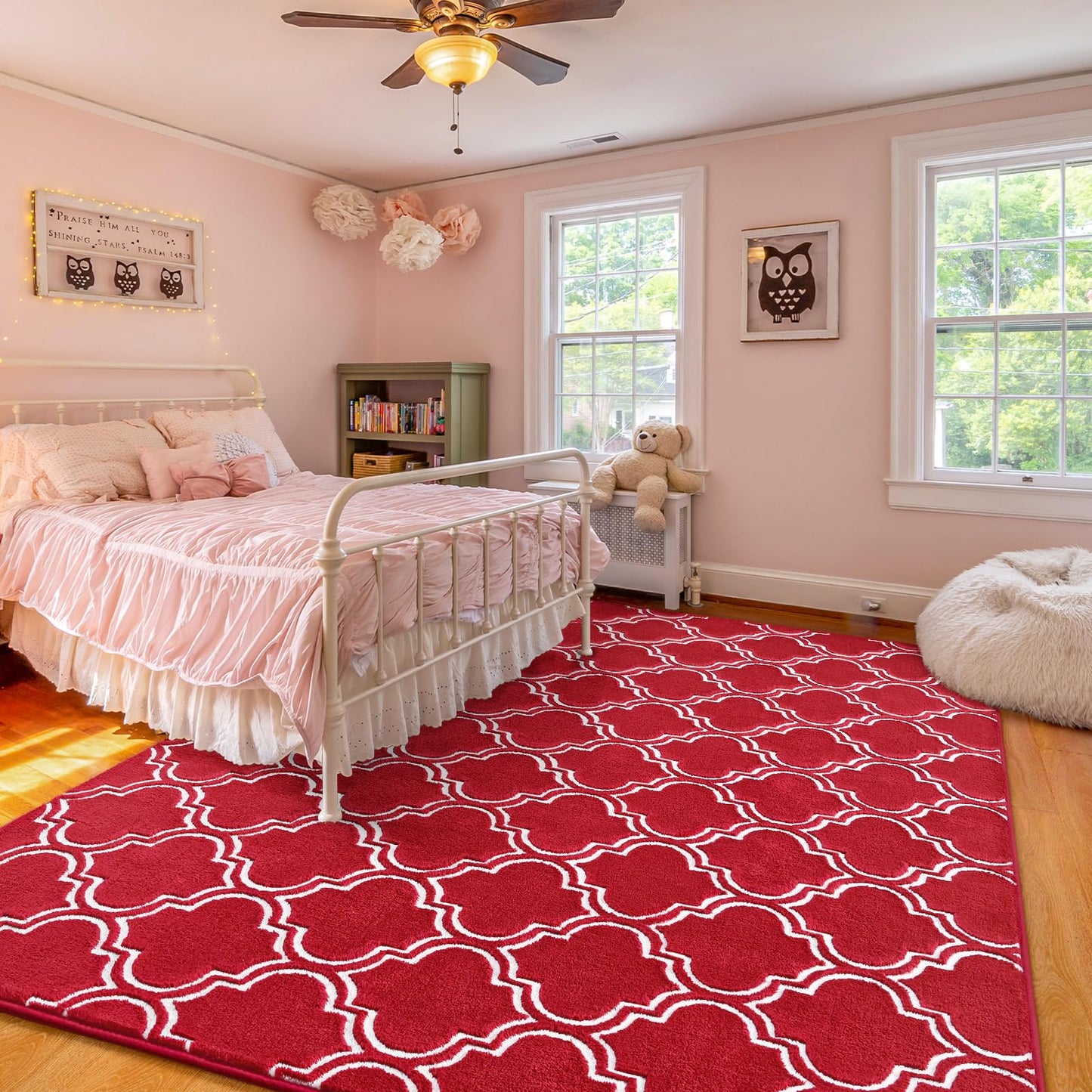 Amearea Fluffy Indoor Area Rug, Soft Trellis Moroccan Rugs for Bedroom, Shag Modern Area Rug for Living Room Kids Room Nursery, Easy Clean, Home Decor Low Pile Carpet, Wine Red 7x10 Feet