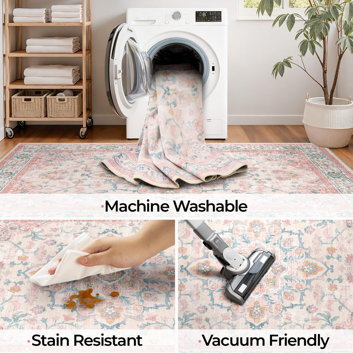 CAPALOCA Machine Washable Rugs Nursery Rug 5x7 Cute Girl Non Slip Low Pile Water Repellent Soft Print Pattern for Bedroom Indoor Decor Kids Playroom Pink Teal
