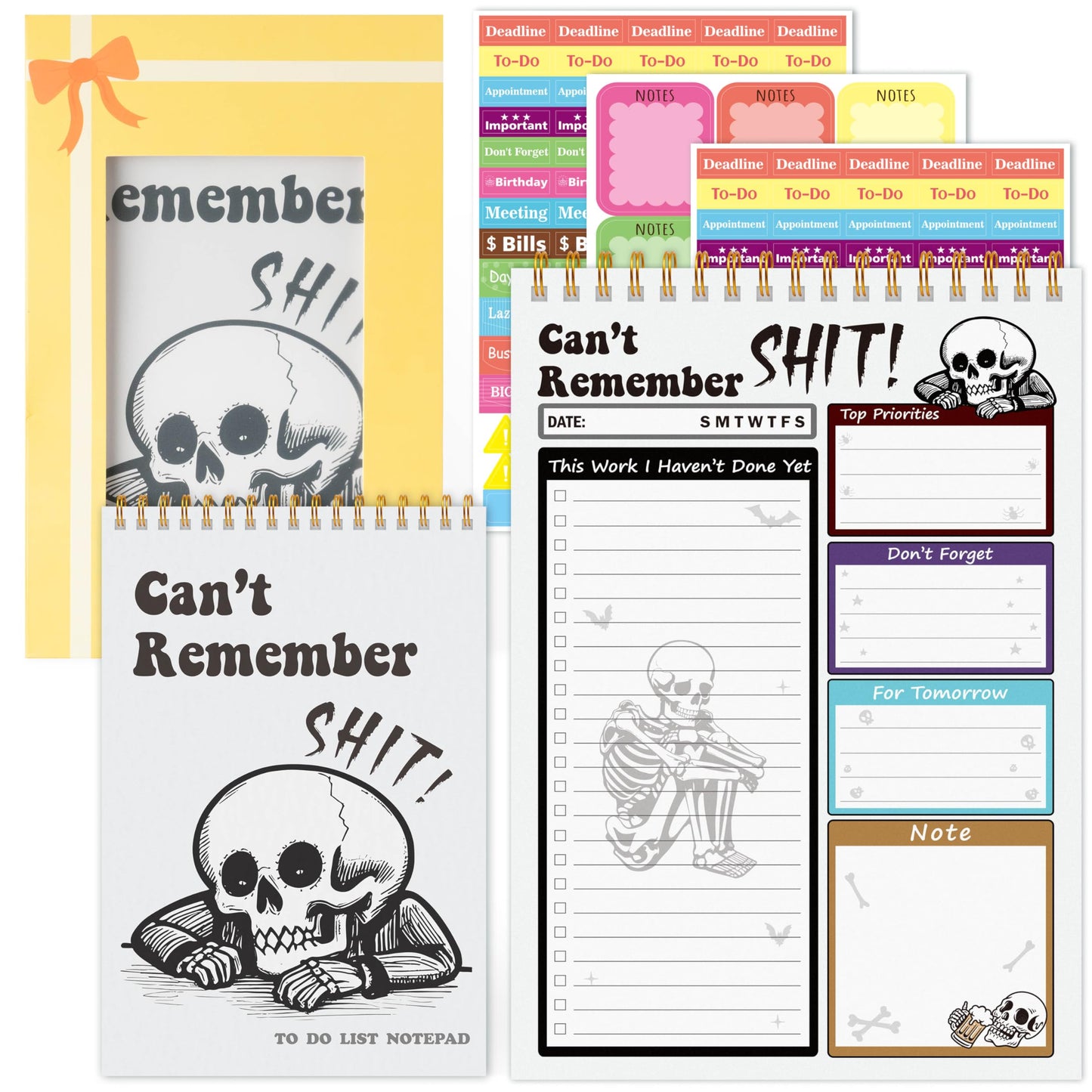 FoszaSzept To Do List Pad - Spiral Bound Daily Tear Off Planner Notepad Undated with Checklist, 52 Sheets Vertical Design for Teachers, Office, Students, Appreciation Christmas Gifts (White Skull)