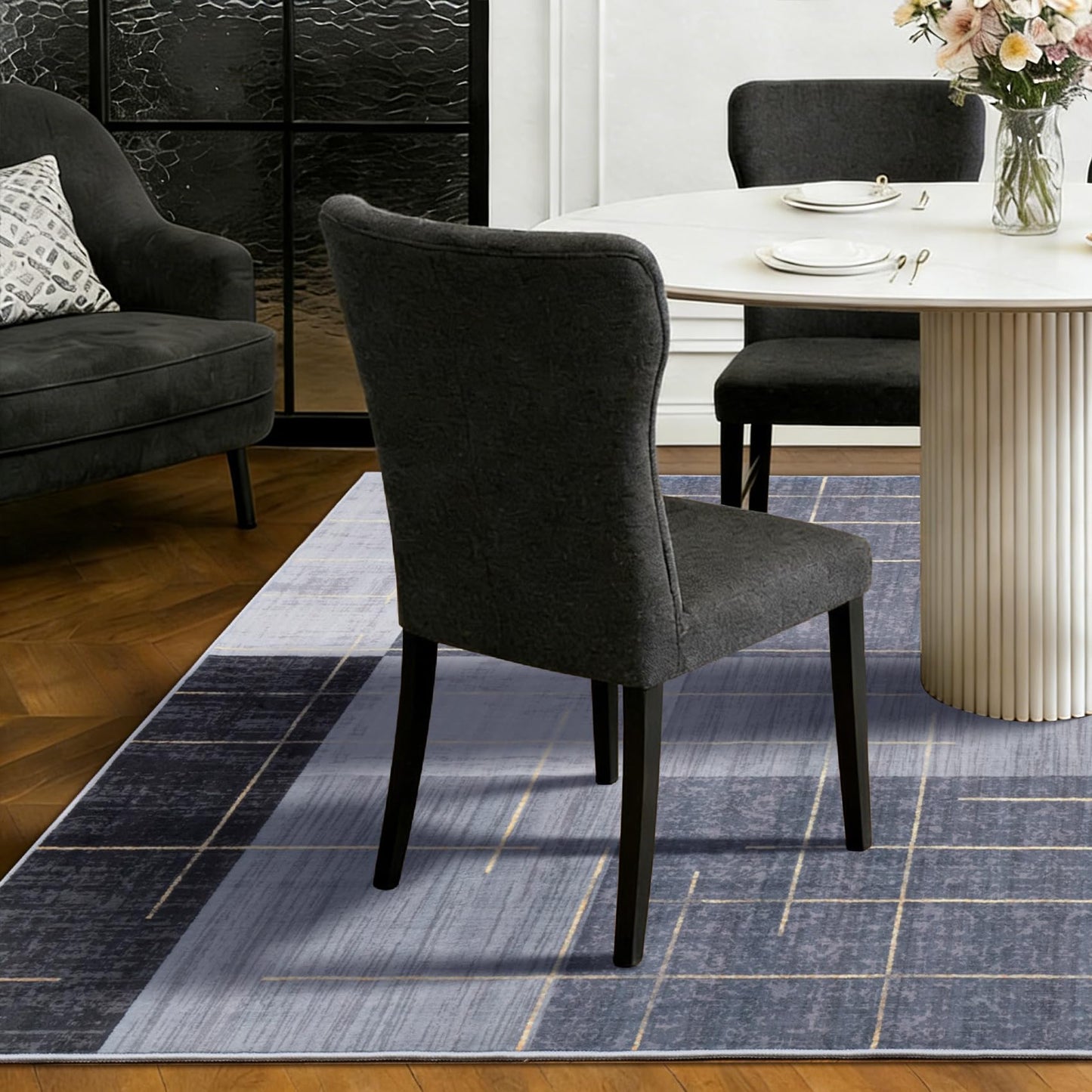 YIHOUSE 5x7 Geometric Checkered Abstract Modern Area Rugs for Living Room,Contemporary Washable Rugs with Gold Striped,Blue and Grey White Carpet for Bedroom Living Room
