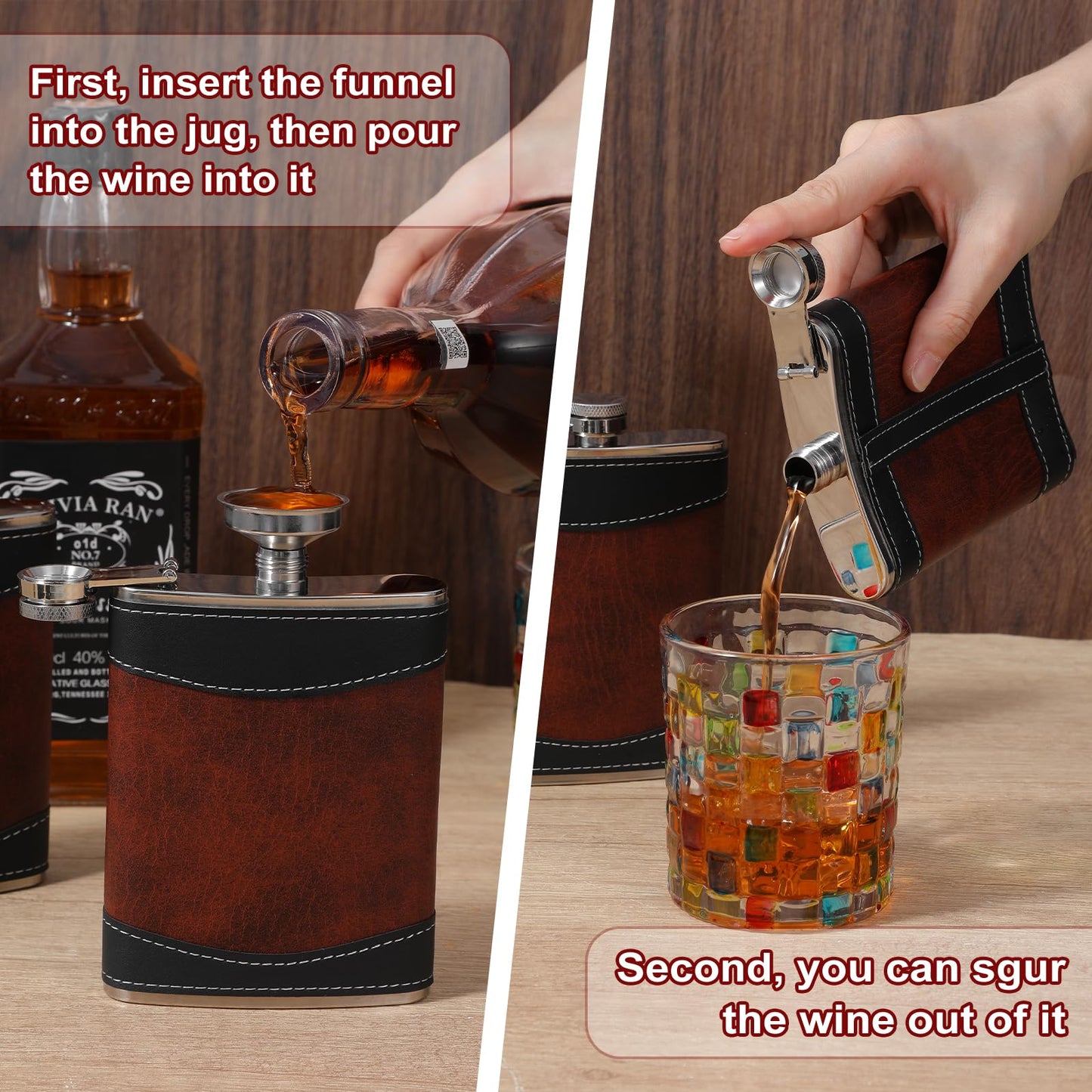 PercyEffie 6 Pcs Liquor Flask, Hip Flasks 8 oz Metal Flask with Funnel, Leak Proof Pocket Flask in Dark Brown Leather Strap Design for Men Women (3.7 x 5.5 Inches)