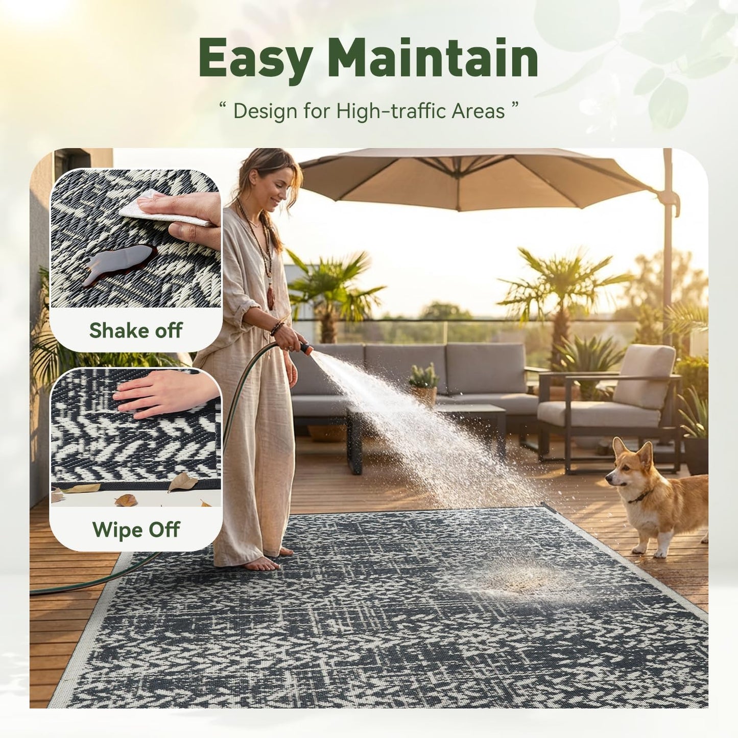 MontVoo Outdoor Rug 8x10 Waterproof-Patio Rug Mat Outdoor RV Camping Picnic Beach Mat Plastic Straw Rugs Outside Outdoor Area Rugs for Balcony Deck Backyard Grey
