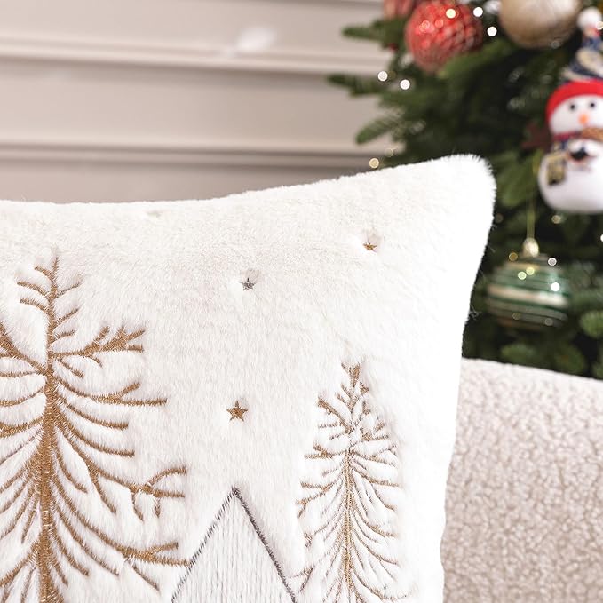 Christmas Throw Pillow Covers 18x18 Set of 2,Soft Plush Faux Fur Christmas Pillows Covers Embroidery Decorative Throw Pillows for Couch Bedroom Holiday Festivals Winter Home Decor