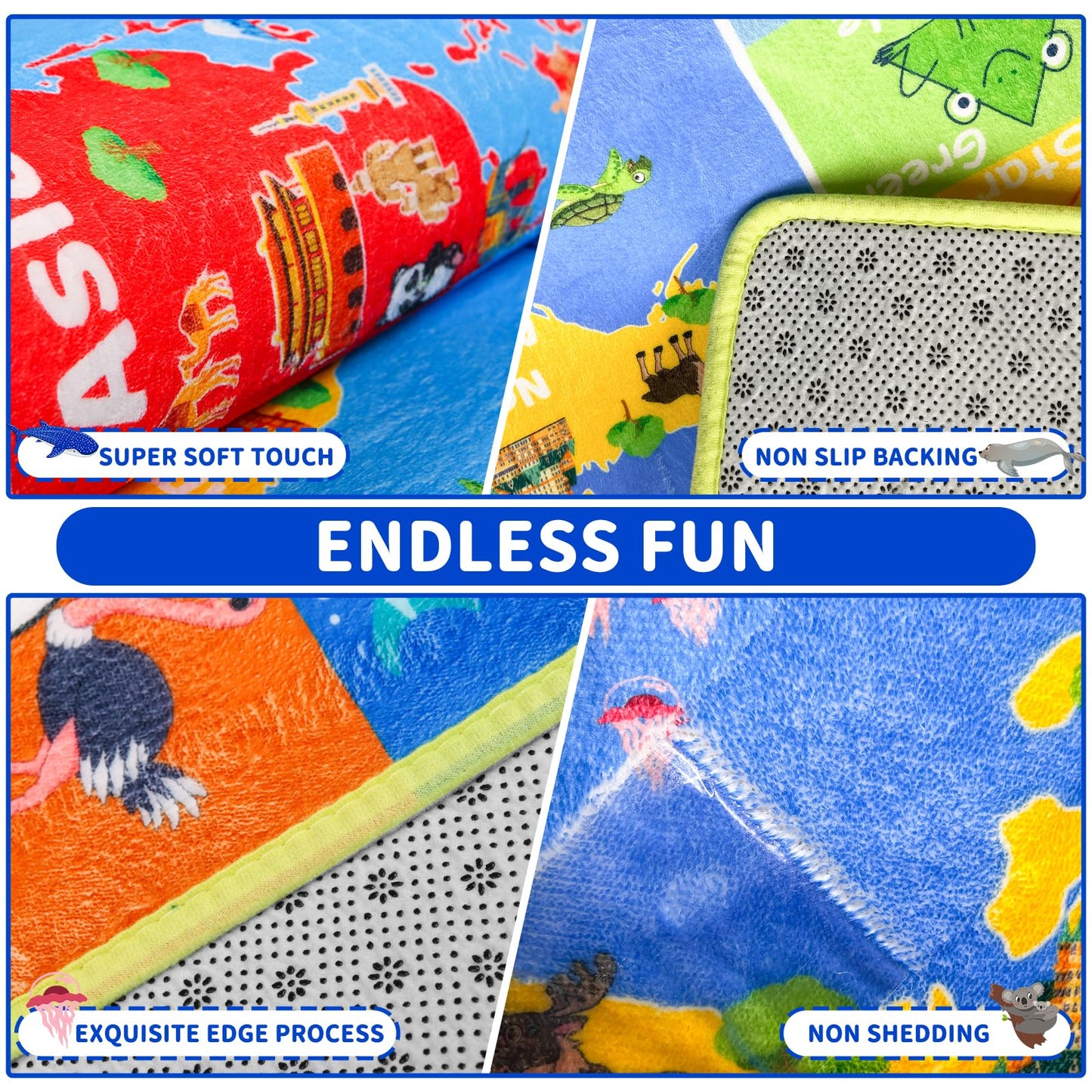 World Map ABC Kid Rug for Playroom Geography 59"×39.4" Classroom Play Carpet Educational Baby Playmat Alphabet Mat for Primary School Fluffy Ployester Non-Slip Preschool Rug for Nursery Room
