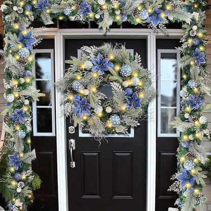 WANNA-CUL Pre-Lit 24 Inch Christmas Wreath for Front Door Silver Blue Lighted Christmas Door Wreath Decoration with Ball Ornaments, Poinsettia Flowers,Pine Cones, Battery Operated 30 LED Lights
