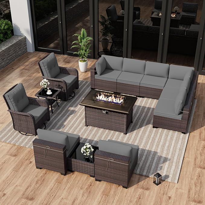ALAULM 13 Pieces Patio Furniture Set with 2 Swivel Chairs Patio Furniture Outdoor Sectional Sofas with 55000 Gas Fire Pit Patio Conversation Set w/10 Cushions-Grey