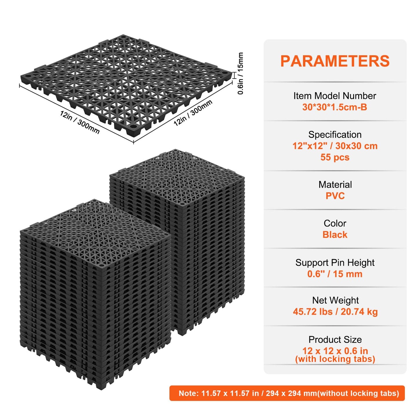 VEVOR Interlocking Tile 55PCS Black, Drainage Tiles 12" x 12" Splicing, Soft PVC Interlocking Drainage Floor Tiles, Non-Slip Drainage Holes for Restroom, Bathroom, Kitchen, Pool, Wet Areas