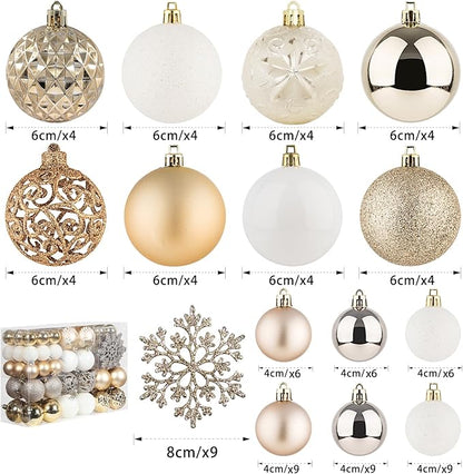 SY CRAFT 86 Pieces of Assorted Shatterproof Christmas Ball Snowflake Ornaments Seasonal Decorative Hanging Ornament Set with Hand-held Gift Package for Xmas Tree Decorations (86PCS, Champaign Gold)