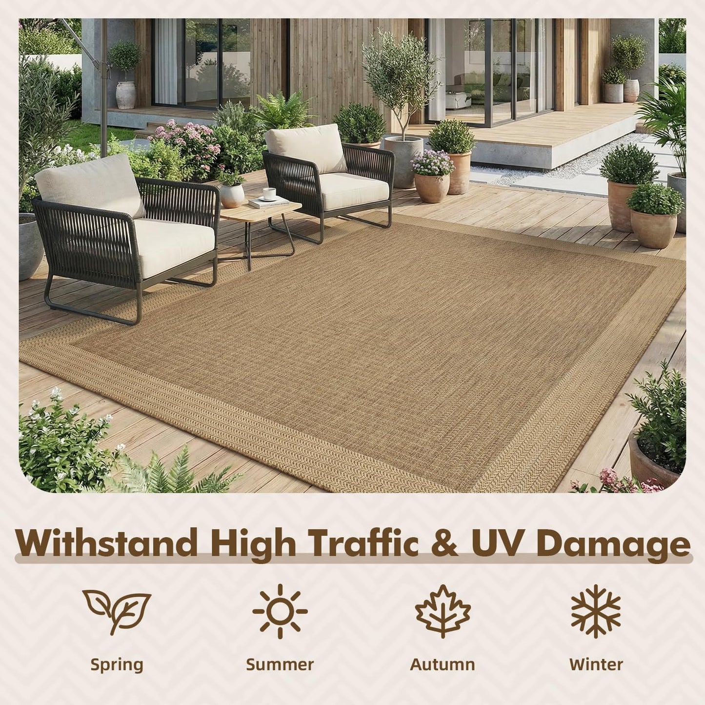 MontVoo-Outdoor Rug-Patio Rug 5x7 ft Polypropylene Indoor Outdoor Rugs Outdoor Carpet for Patio Deck Balcony Porch, Textured Weave, Durable for High Traffic, Fade-Resistant, Modern Neutral Brown