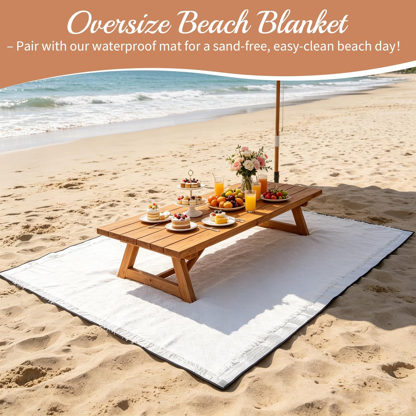 91x71 In Extra Large Outdoor Picnic Blanket with 94x79 In Waterproof Mat, Oversize Woven Cotton Yarn Beach Blanket with Fringe, Machine Washable Portable for Spring Summer Camping Beach Park (White)