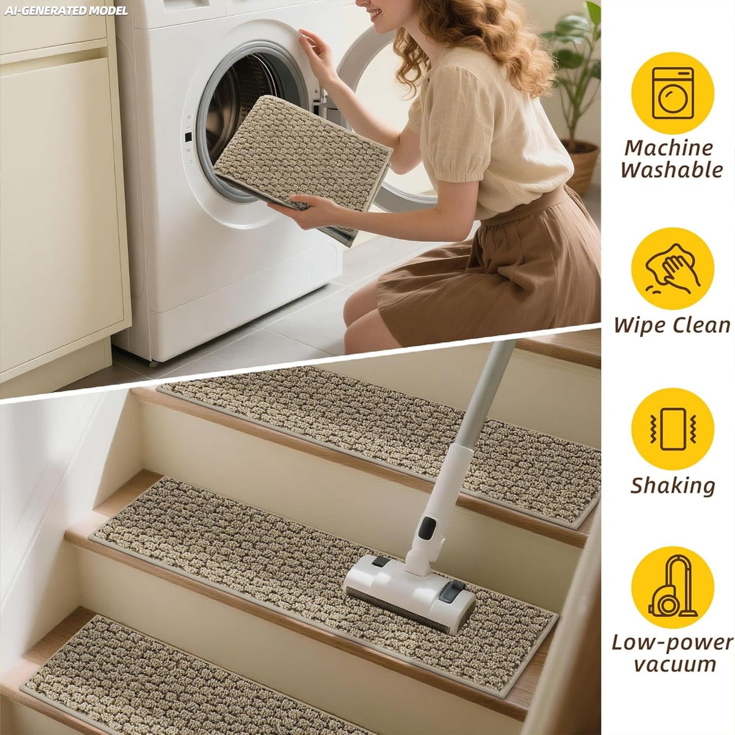 JSEI Stair Treads for Wooden Steps, 14 Pack 9" X 28" Non-Slip Machine Washable Carpet Stair Treads with TPE Backing, Soft Indoor Stair Rug Runner for Kids Elders & Pets, 100% Polyester, Beige