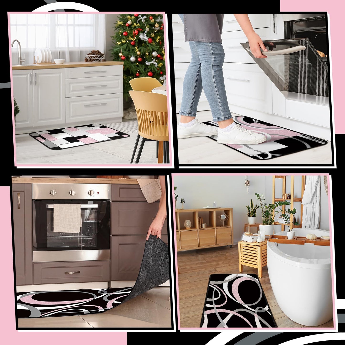 Maasechs 3 Pcs Pink Black Geometric Kitchen Rugs and Mats Set Anti Fatigue Floor Mat Non Slip Washable Modern Abstract Runner Rug Minimalist Kitchen Decor for Home Office Bathroom, 17"x30"+17"x47"