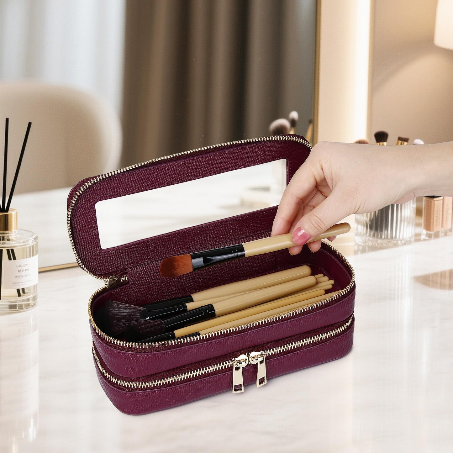 LOFOWN Double Layer Makeup Bag Makeup Brush Case Waterproof Travel Cosmetic & Toiletry Bag Purse Organizer and Car Essentials for Women (Burgundy, 2-Layer SLIM)