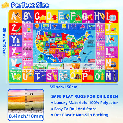 LTKOUGFAM USA Map ABC Kid Rug for Playroom 59"×39.4" Geography Classroom Play Rug Educational Kids Playmat Alphabet Mat State Symbols, ABC Letters, Numbers, Seasons&Shapes Non-Slip Preschool Playmat