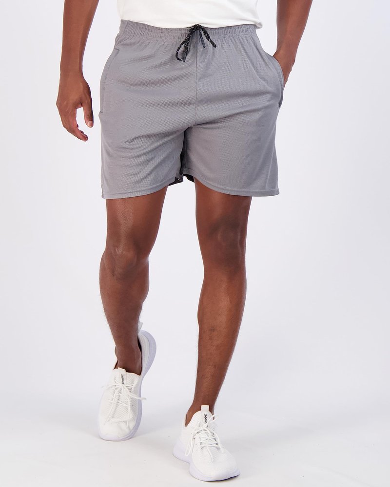 Real Essentials 4 Pack: Men's Mesh 5" Athletic Zipper Shorts Workout Gym Running Basketball (5 Inch Set 9, Black, Red, Charcoal, Blue - L - Standard)