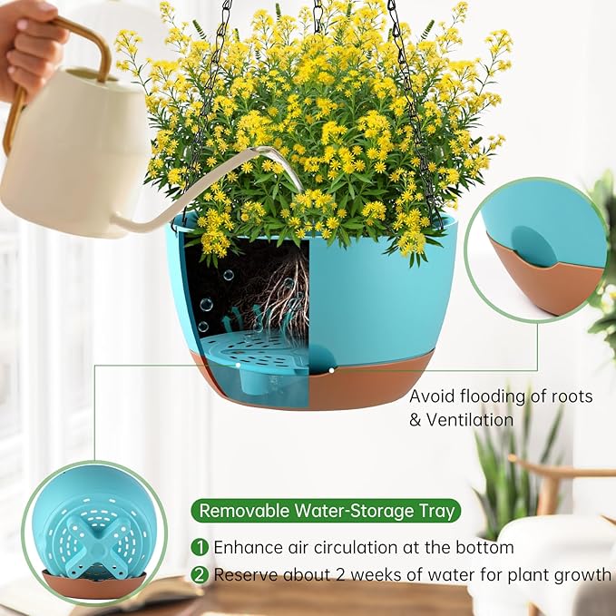 Set of 2 10 Inch Self Watering Hanging Planters for Indoor Outdoor Plants, Color Blocking Hanging Baskets Flower Pots with Drainage Hole & Removable Water-Storage Tray and 20" Chain Hanger