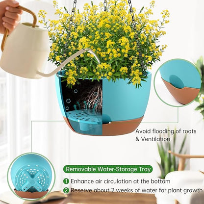 Set of 2 10 Inch Self Watering Hanging Planters for Indoor Outdoor Plants, Color Blocking Hanging Baskets Flower Pots with Drainage Hole & Removable Water-Storage Tray and 20" Chain Hanger