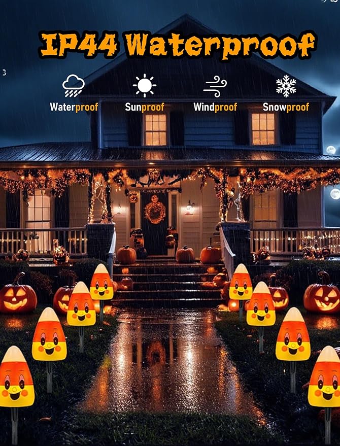 4 Pack Halloween Candy Corn Pathway Marker Lights with C7 Clear Bulbs, 7Ft Candy Night Light with 4 Stakes, Extendable Waterproof Pathway Decor for Yard Porch Lawn Pathway Garden