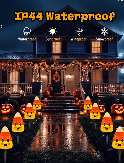 4 Pack Halloween Candy Corn Pathway Marker Lights with C7 Clear Bulbs, 7Ft Candy Night Light with 4 Stakes, Extendable Waterproof Pathway Decor for Yard Porch Lawn Pathway Garden