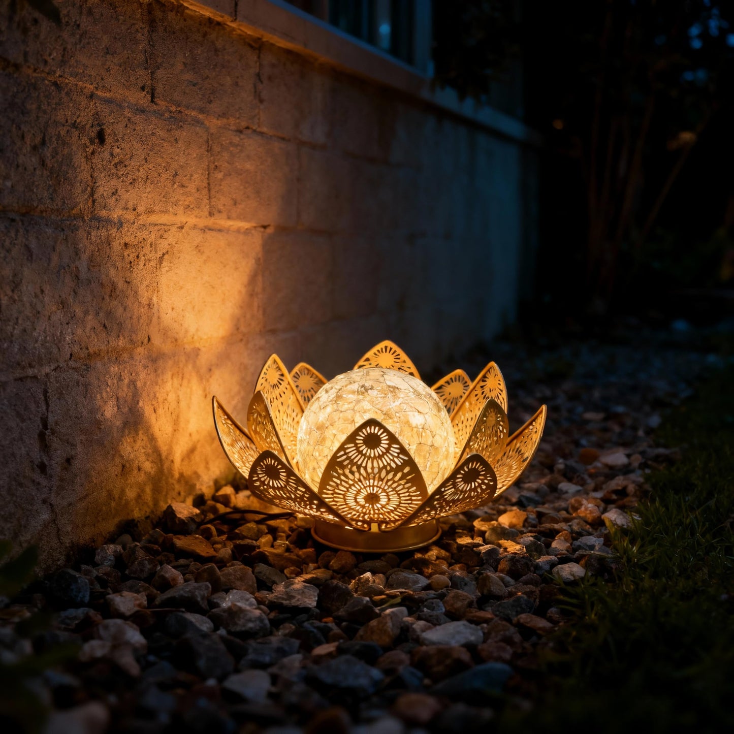 Cubular Solar Lights Outdoor Waterproof IP65 - Lotus Flower Lantern with Crackle Glass & Metal Petals, Garden Decor for Patio, Pathway, Lawn - Auto On/Off Gift for Women, Mom, Housewarming