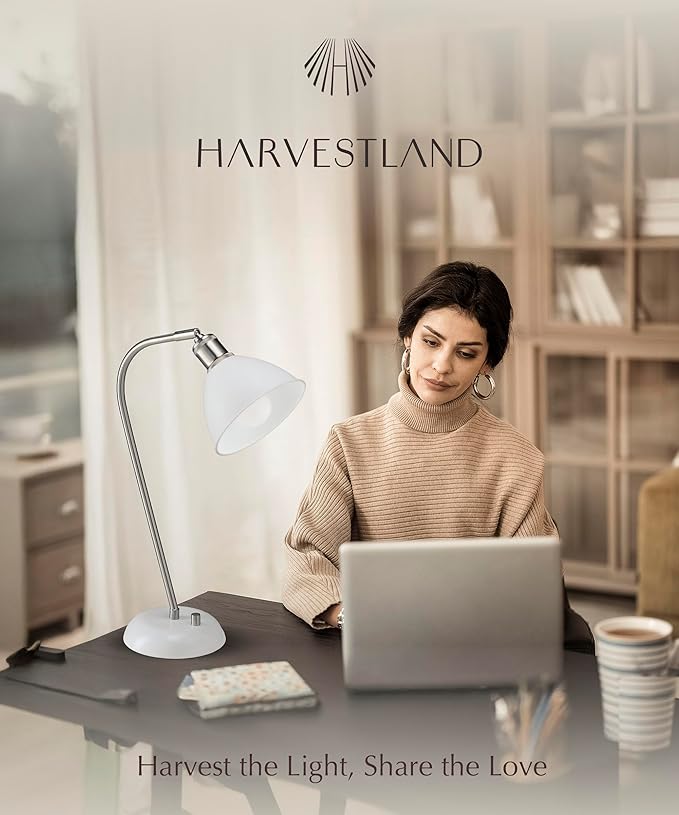 HarvestLand Halo Silver White Adjustable Desk Lamp – Reading Lamp, Pharmacy Style Metal Desk Lamp, Industrial Table Lamp with Solid Base for Bedside Table, Task Lamp Home Office