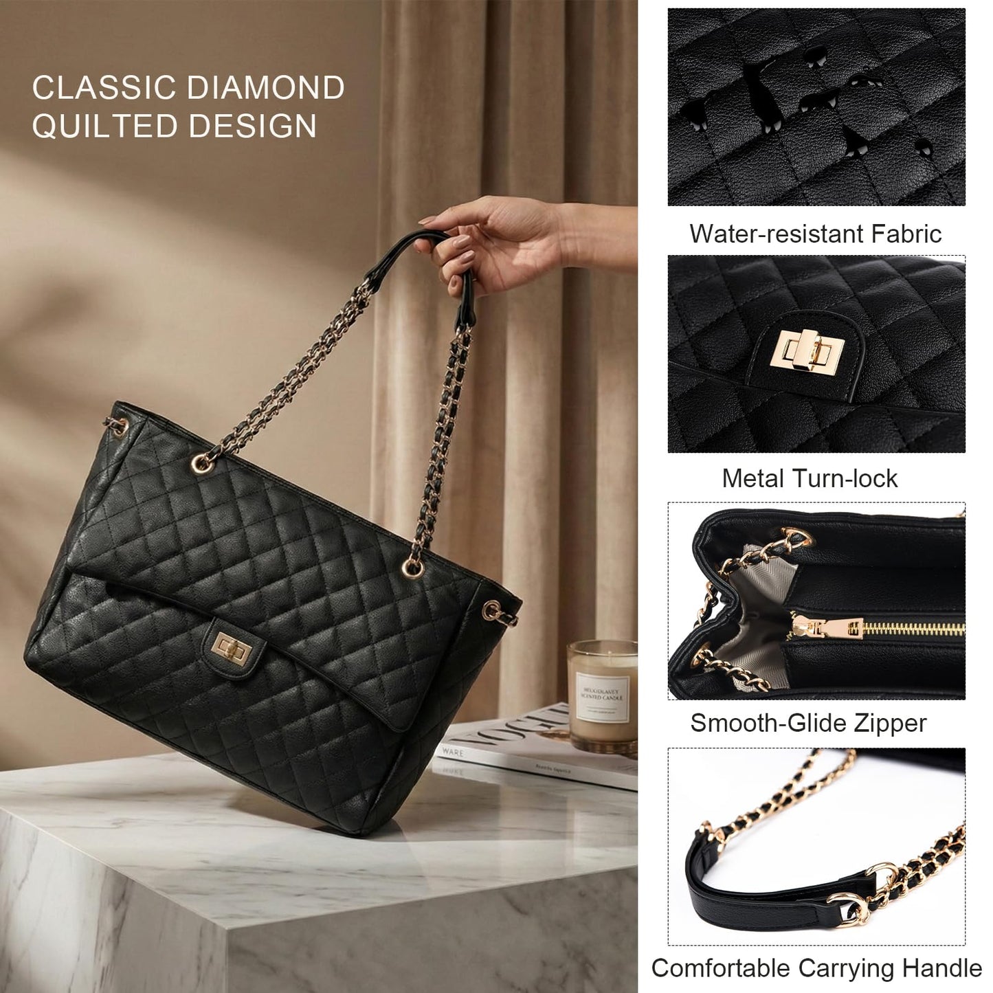 Eslcorri Quilted Satchel Tote Bag for Women, Elegant Leather Shoulder Handbag with Chain Strap and Twist-Lock, Classic Designer Crossbody Purse for Work, Travel, Dating & Evening Out, Black