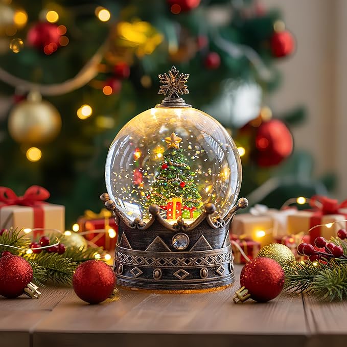 Christmas Snow Globe Lantern Water Glittering Christmas Tree Crown with Music, USB Lined/Battery Operated Lighted Lantern for Christmas Festival Decoration Gifts