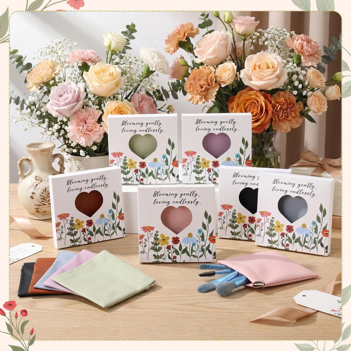 12 Sets Small PU Leather Organizer Pouch for Purse Snap Closure Pouch Small Women's Leather Pouches Gifts for Mini Purse Floral Design Gift Box for Mini Cosmetics Electronics Coins Pouches Jewelry