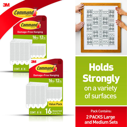 Command Medium and Large Picture Hanging Strips, Damage Free Hanging Picture Hangers, No Tools Wall Hanging Strips for Living Spaces, White, 16 Medium Pairs and 16 Large Pairs (64 Total)