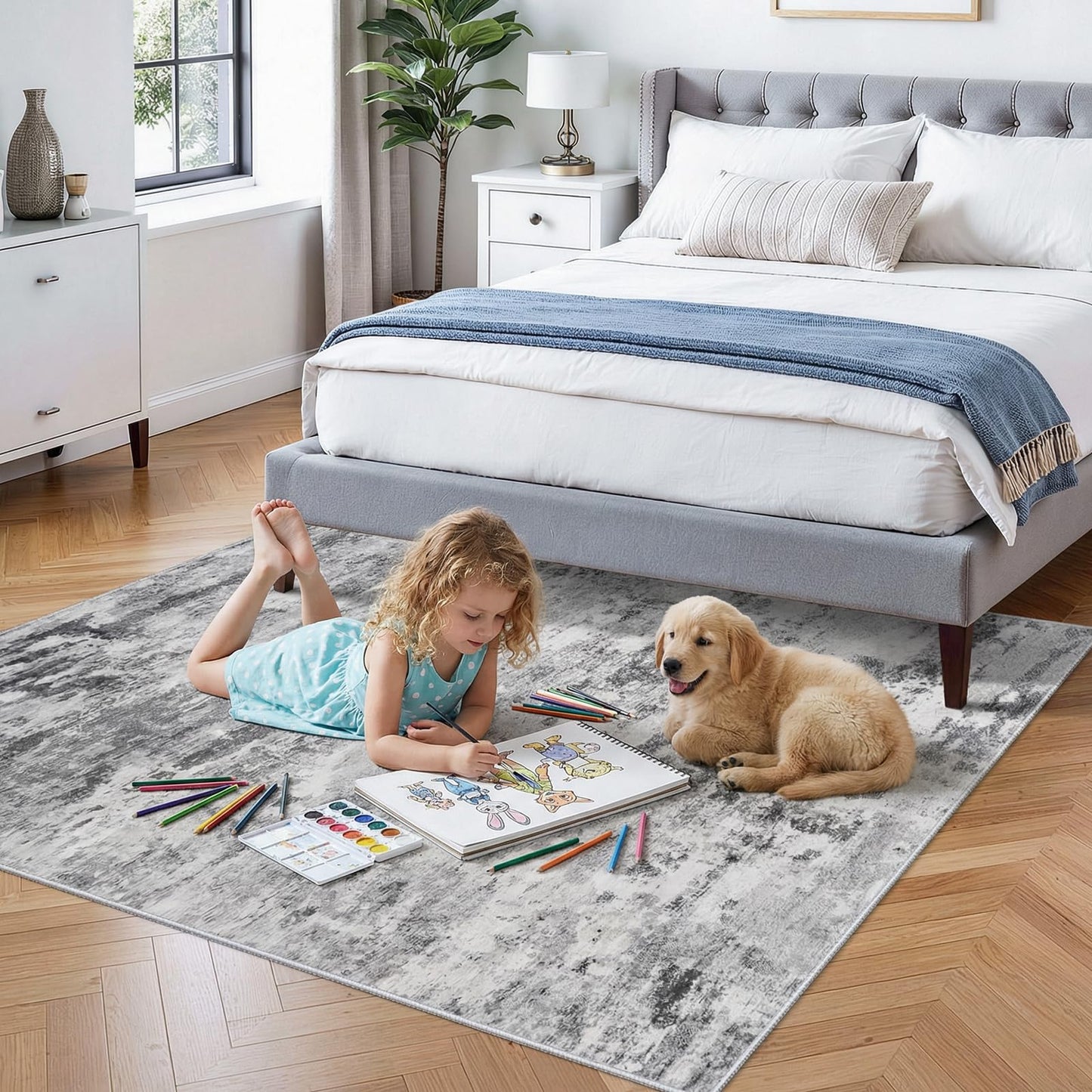 Abstract Washable Area Rug 5x6: Modern Neutral Rugs Non Slip Backing for Living Room Bedroom - Soft Low Pile Easy Clean Thin Indoor Carpet - Home Essential for Elderly Kids Pets Family 5x6 Black Grey