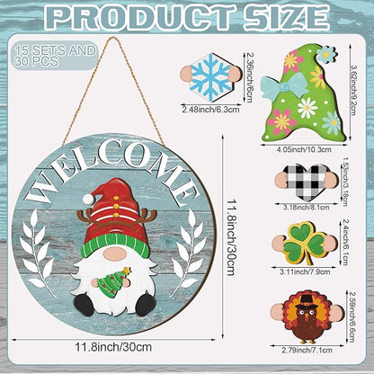 Qunclay Interchangeable Wooden Gnome Decor Holiday Seasonal Gnome Decorations with Magnet Pieces and Detachable Hats Changeable Welcome Sign for Home(Blue Style)