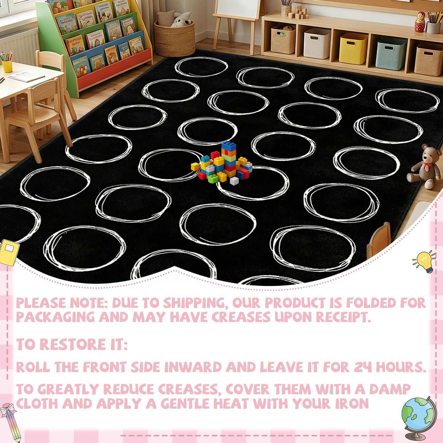 7.6x12 ft Large White Circles Abstract Classroom Rug Black and White Educational Area Mat Circle on Black Play Carpet Back to School Learning Mat for Preschool Playroom Nursery Kindergarten(Circles)