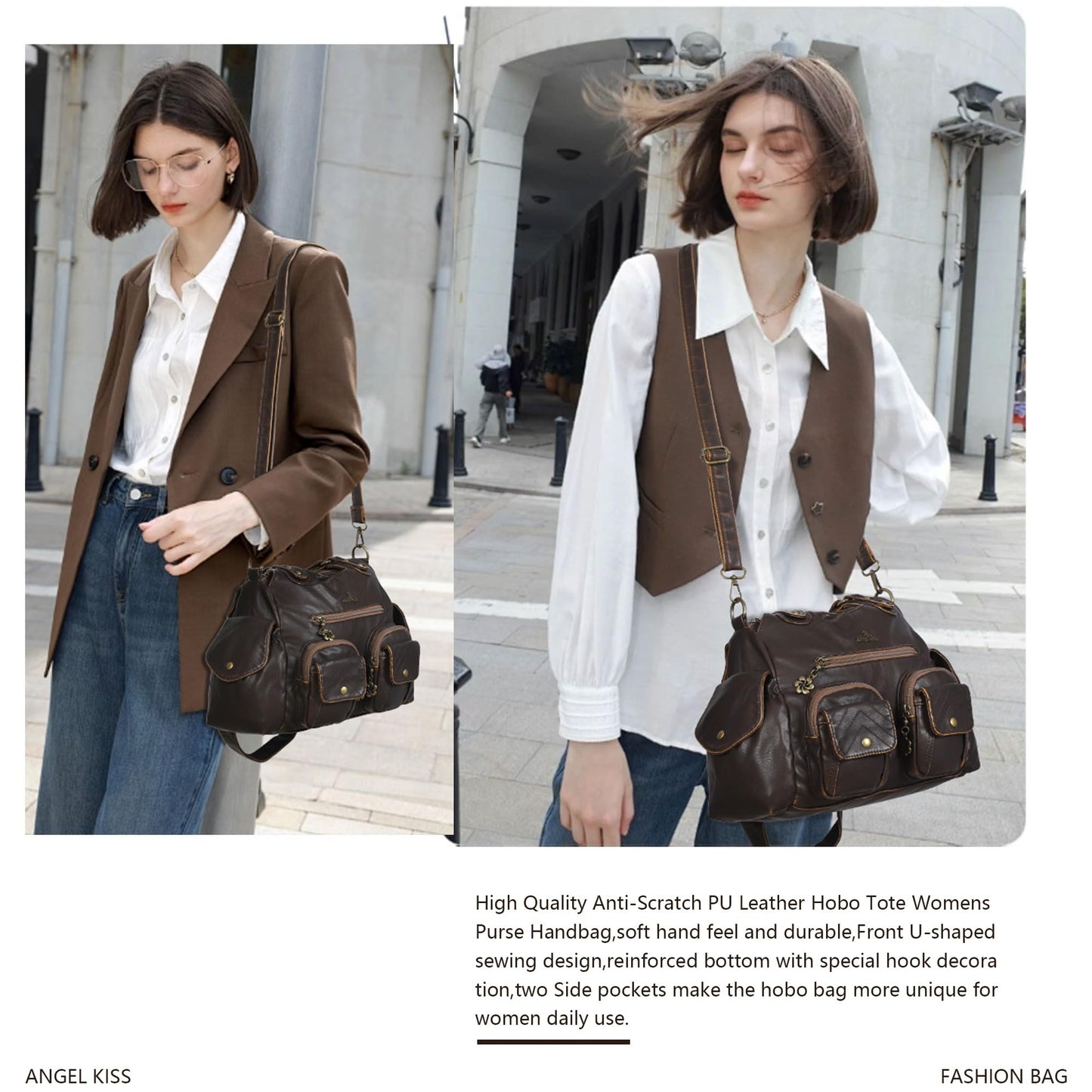 Angel Kiss Purses for Women Hobo Bag Soft PU Leather Shoulder Bag for Women Brown