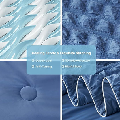 Cozy Bliss Cooling Comforter Seersucker Plaid King, Q-Max 0.4 Reversible Lightweight Cooling Blanket, Breathable Silk Smooth Summer Bedding Quilt for Hot Sleepers Night Sweats Denim Blue