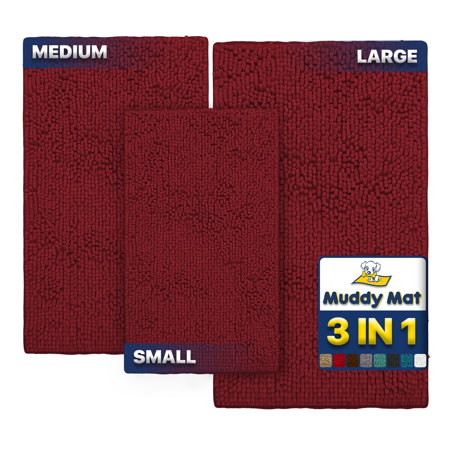 Muddy Mat® Pack of 3 Highly Absorbent Microfiber Dog Door Mat and Pet Rug, Non Slip Thick Washable Area Mat Soft Chenille for Kitchen Bathroom Bedroom and Outdoor - Red Small, Medium & Large