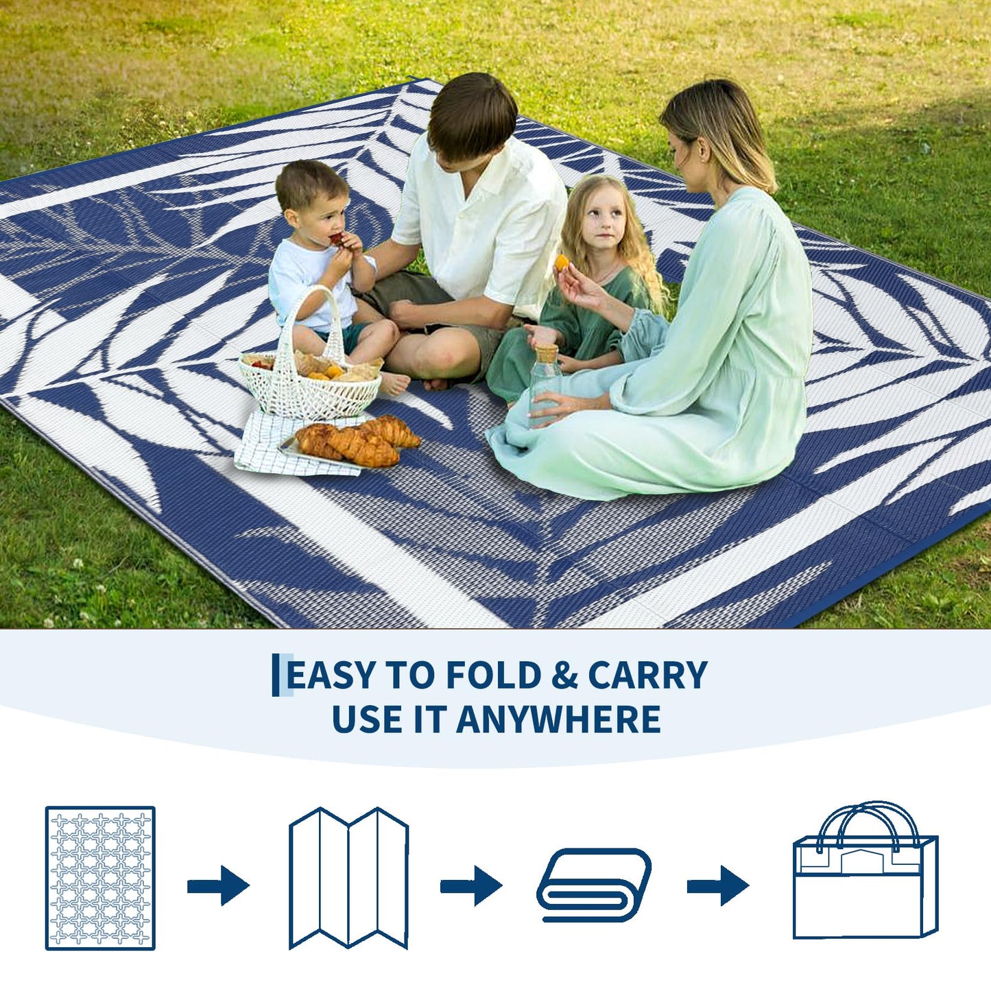 GAOMON 9'x18' Outdoor Rug Waterproof, Reversible Plastic Straw Rug for Large Patio, Backyard, Poolside, Deck – UV Resistant, Heavy Duty, Easy Clean Outdoor Carpet for High Traffic, Navy&White