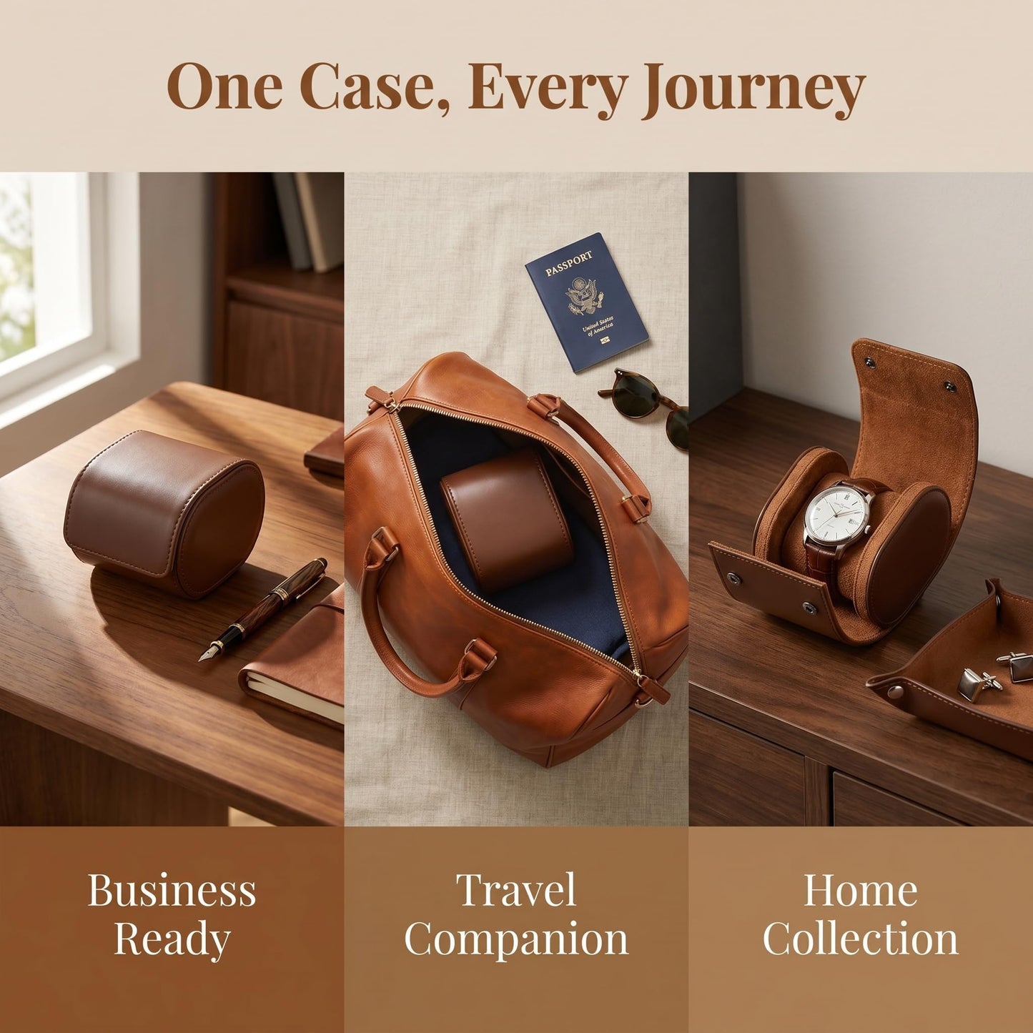 Luxury Watch Travel Case for Men – Premium Leather Watch Roll with Soft Compressible Pillows Fits Rolex, Omega & Apple Watch Ultra (Brown)