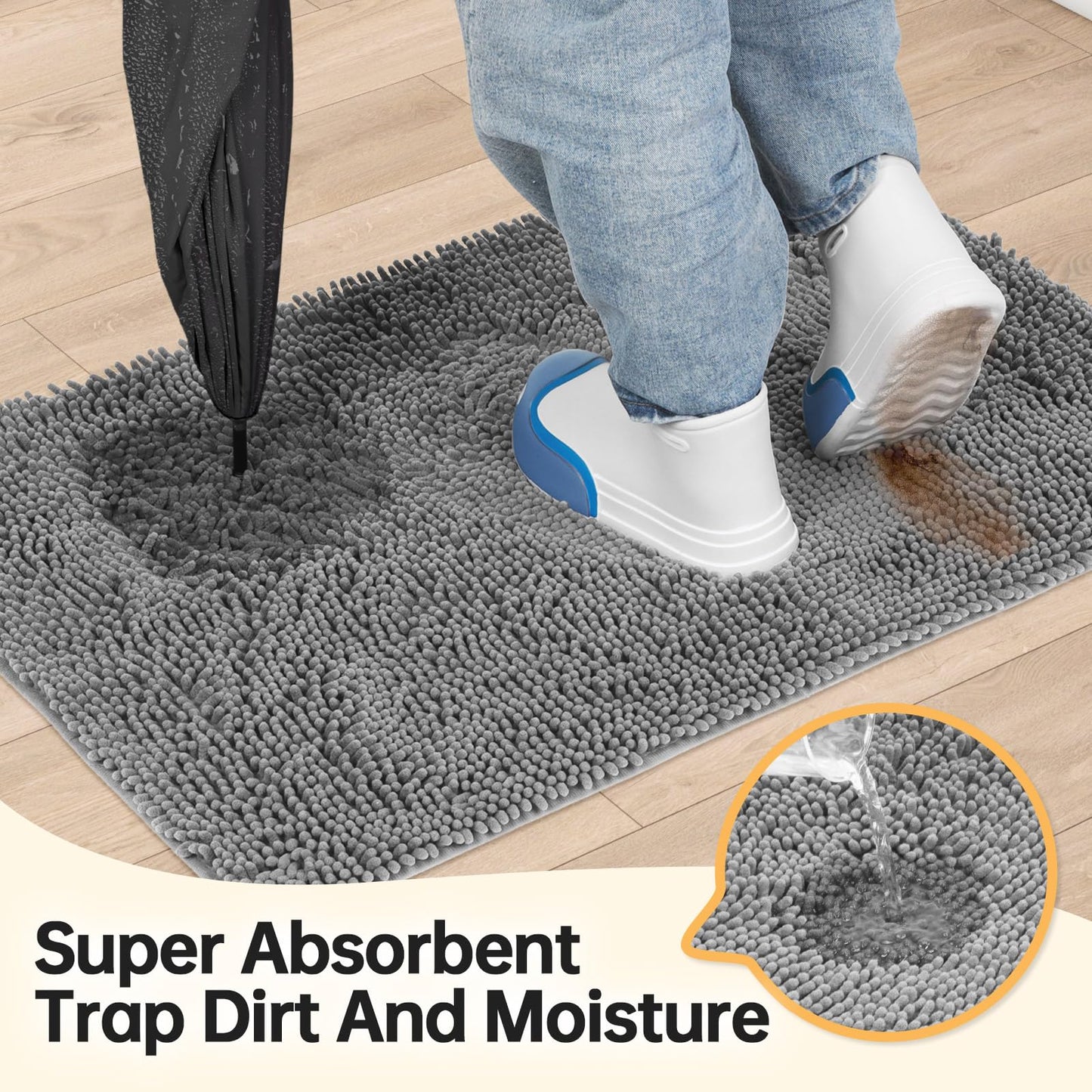 HOMEK Absorbent Dog Door Mat for Muddy Paws, 60" x 36" Chenille Indoor Mats for Entryway, Trap Dirt Front Door Mat Indoor Entrance Washable Non Slip Soft Light Grey