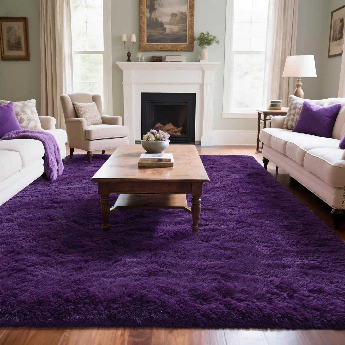 Rtizon Shag Area Rug for Bedroom, 8x10 Feet Fluffy Rugs for Living Room, Plush Carpet with Non-Slip Bottom for Office Girls Boy's Bed Bedside Nursery Room, Dark Purple