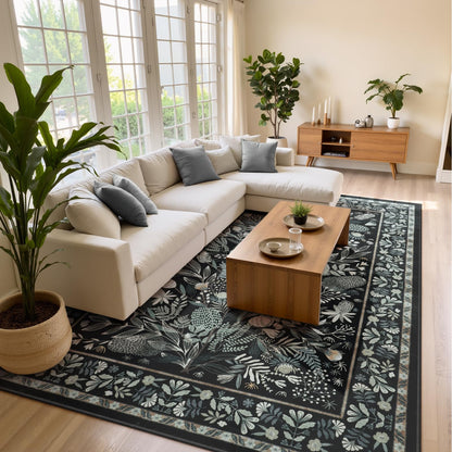 Anidaroel Black Botanical Floral 8x10 Rugs for Living Room, Washable Large Area Rugs for Bedroom Non-Slip Soft Modern Rugs, Ultra-Thin Indoor Throw Carpet Mat for Dining Room Nursery Office